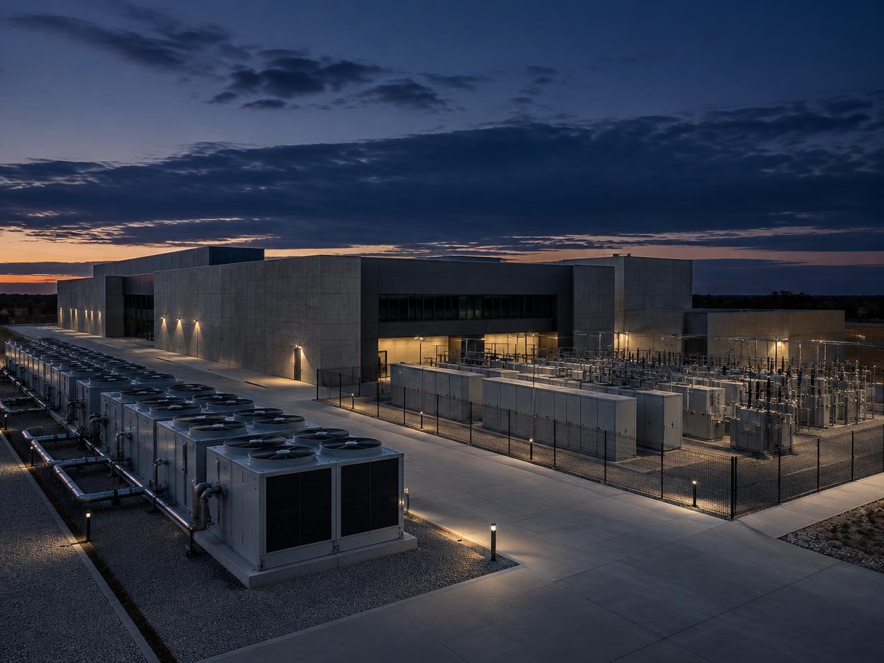 Modern critical facility with cooling units and electrical yard at dusk